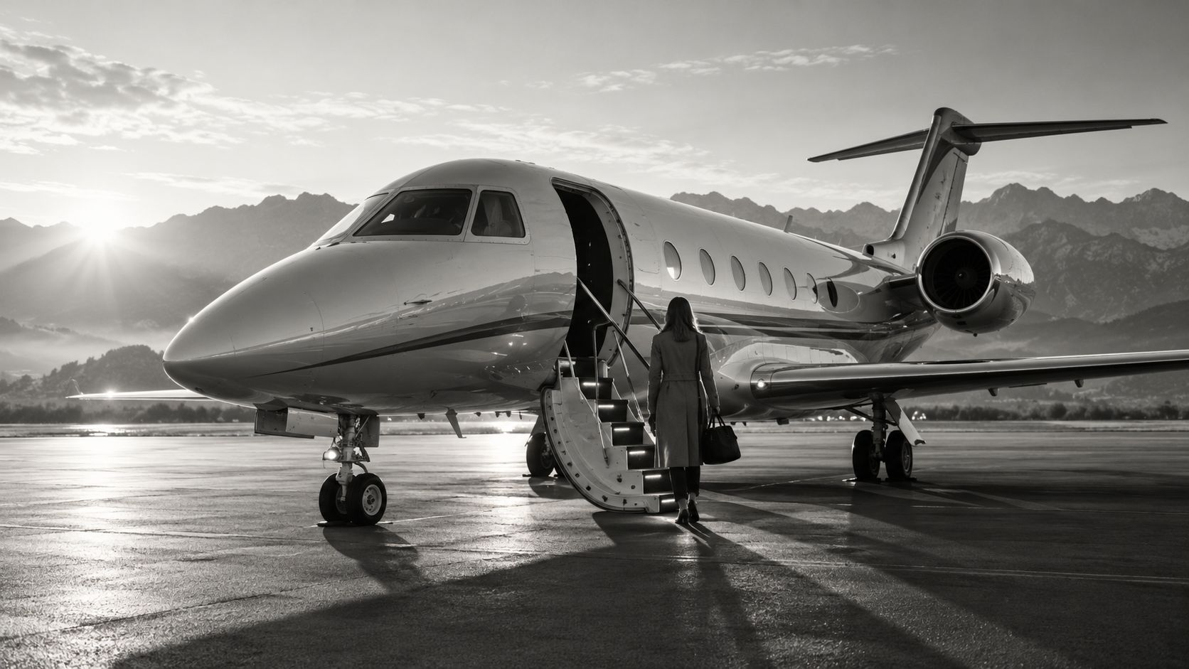 Una viajera sube a un avión privado